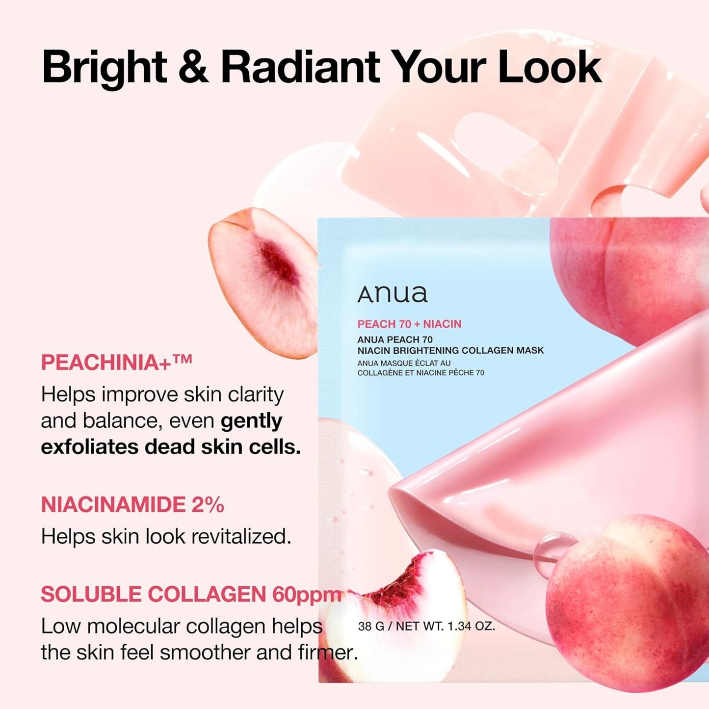Anua Peach 70+ Niacin Brightening Collagen Mask (38g x 4 Packs)